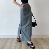 Casual Pocket Cargo Pencil Skirt Vintage Y2K All-match Solid Chic Side Slit Wrap Hip Long Skirt Streetwear